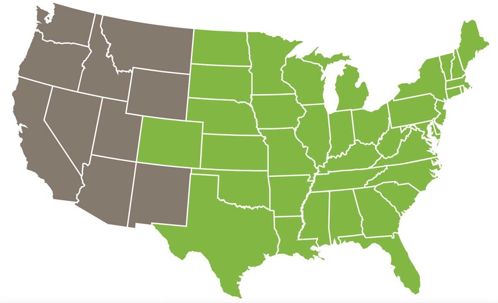 Range map showing the states that the Eastern tiger swallowtail is found in